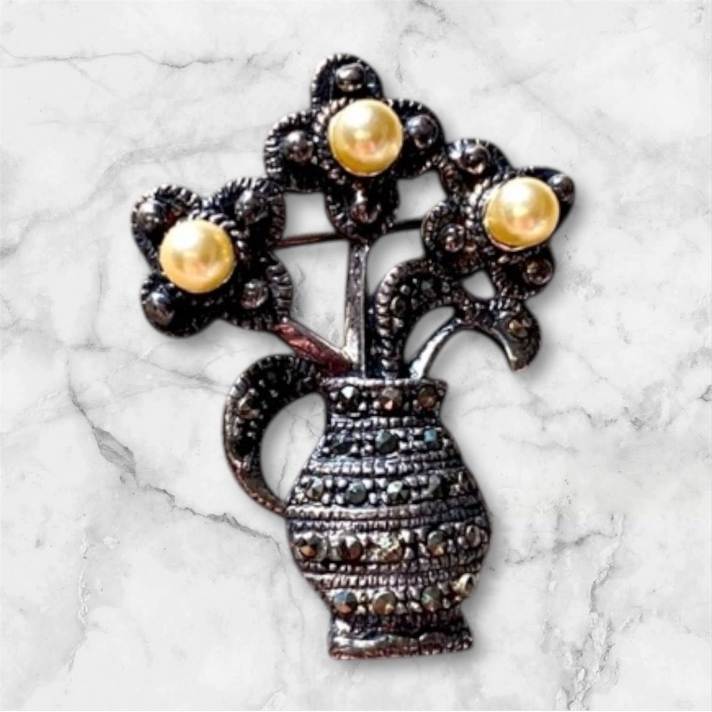 Marcasite and Pearl Brooch, .925 Sterling Silver Vintage